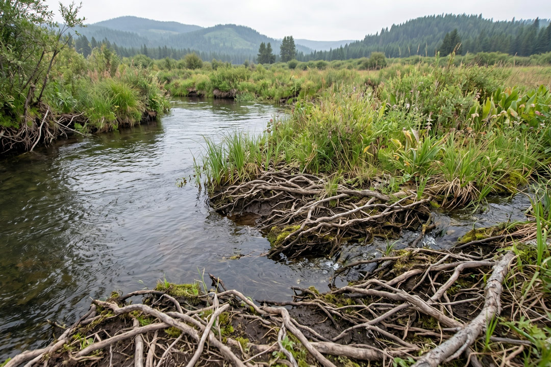 Shallow river winds through a grassy wetland with tangled exposed tree roots along the muddy bank and distant forested hills in the background, overcast sky.