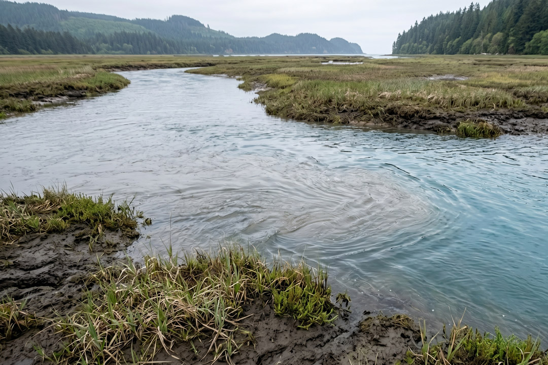 Winding tidal channel through a grassy marsh with muddy banks and distant forested hills under an overcast sky.