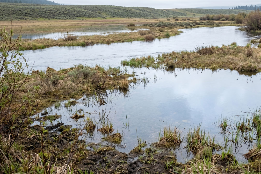 A calm wetland marsh with shallow water, tufts of grass and muddy banks, and distant hills under a cloudy sky