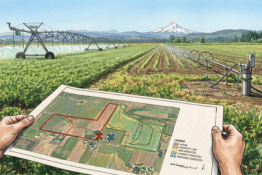 Hands hold a detailed irrigation map over a green field with long sprinkler lines and distant mountains.