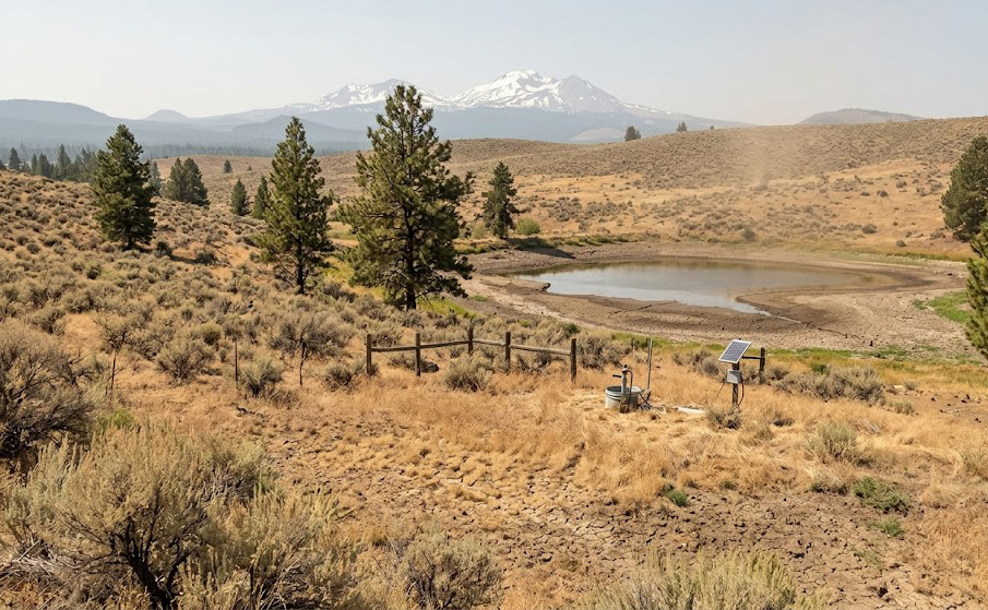 Desert-like grassland with a small pond, scattered pines, and distant snow-capped mountains; a solar-powered device near a wooden fence in the foreground.